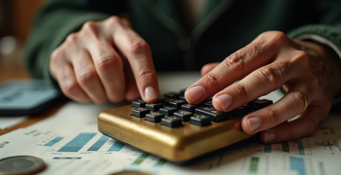 Mains de senior utilisant une calculatrice avec documents financiers