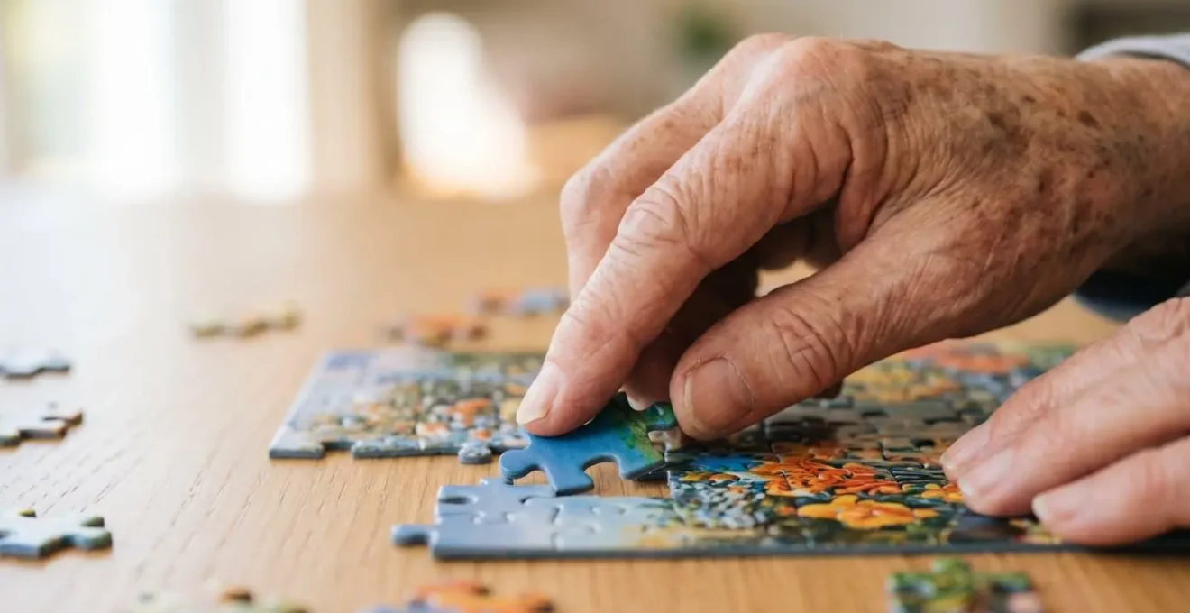 Gros plan sur des mains âgées manipulant des pièces de puzzle colorées, avec un arrière-plan flouté créant un effet bokeh