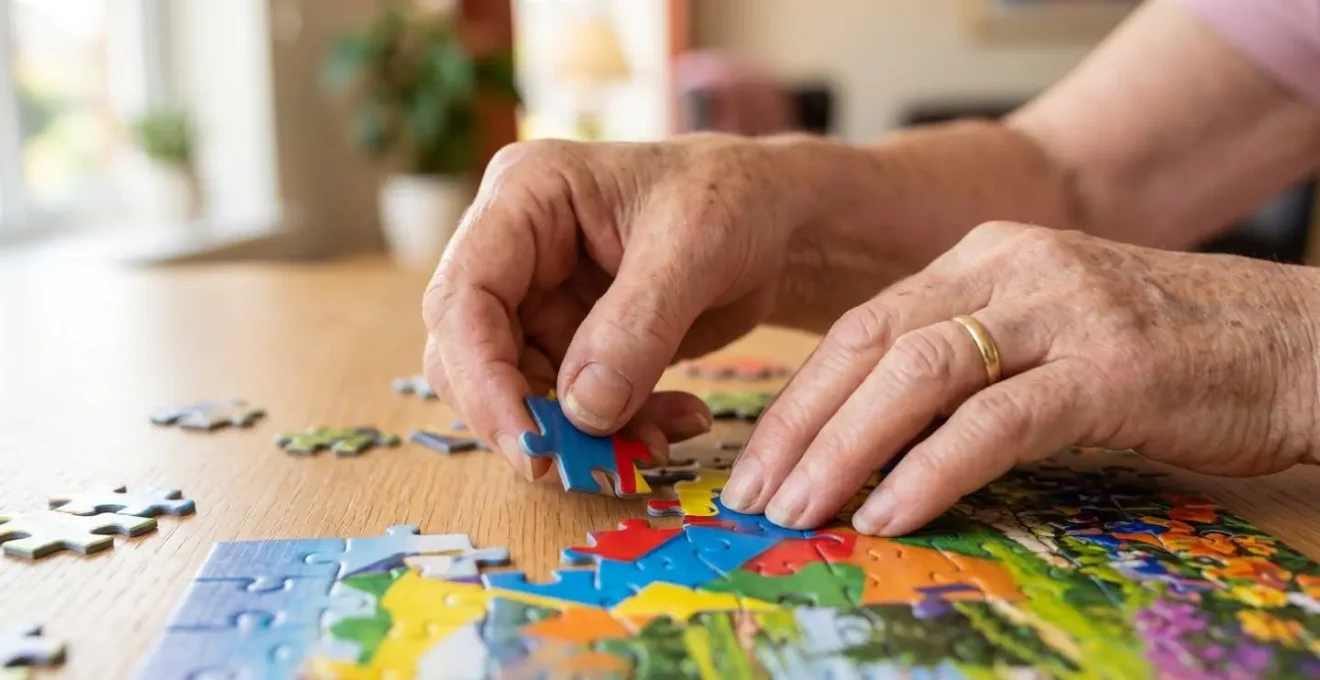 Gros plan sur des mains âgées manipulant des pièces de puzzle colorées, avec un arrière-plan flouté créant un effet bokeh