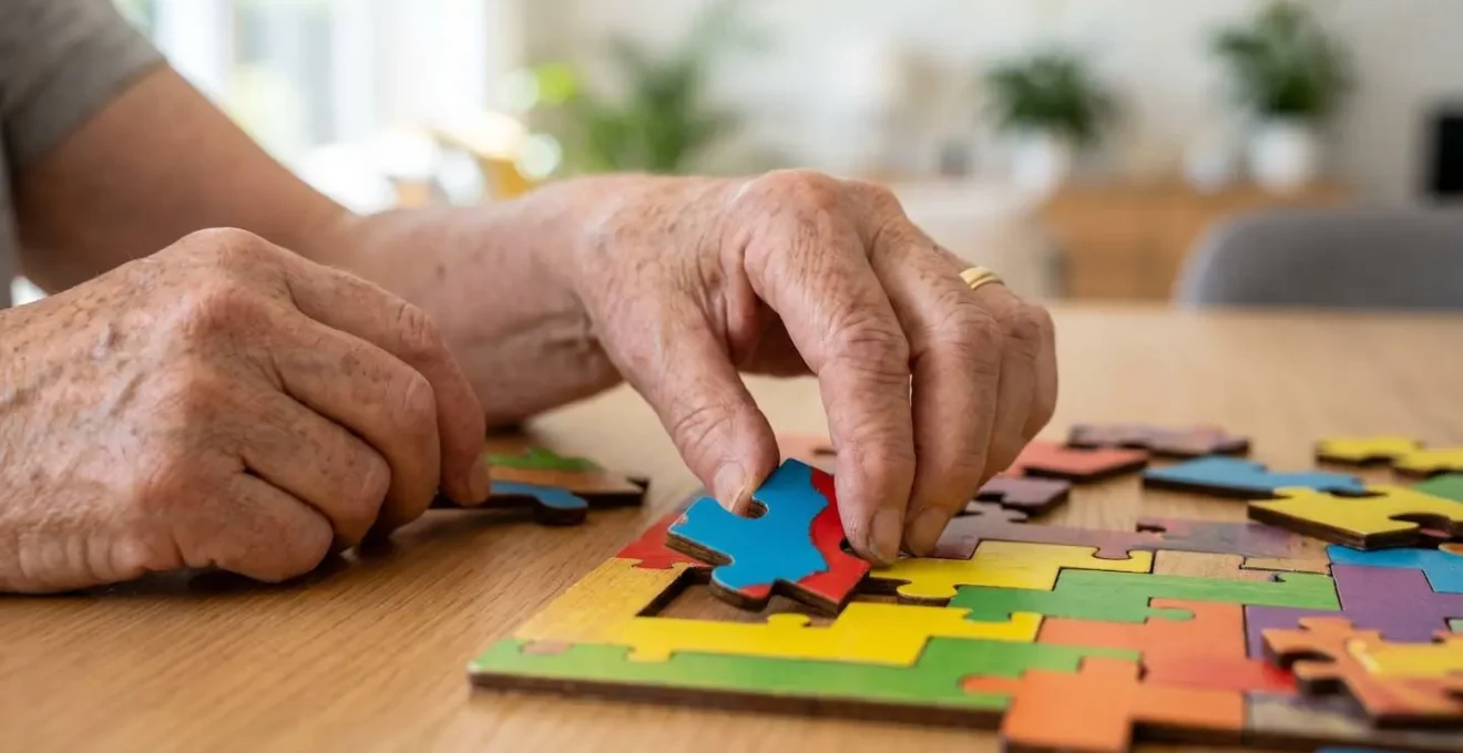 Gros plan sur des mains âgées manipulant des pièces de puzzle colorées, avec un arrière-plan flouté créant un effet bokeh