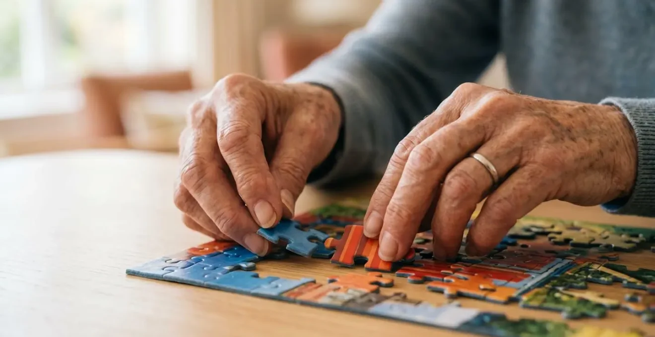 Gros plan sur des mains âgées manipulant des pièces de puzzle colorées, avec un arrière-plan flouté créant un effet bokeh