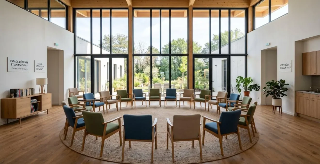 Grande salle d'activités vide dans un EHPAD moderne avec chaises disposées en cercle et larges fenêtres diffusant une lumière naturelle abondante