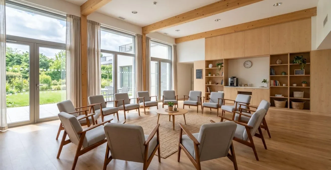 Grande salle d'activités vide dans un EHPAD moderne avec chaises disposées en cercle et larges fenêtres diffusant une lumière naturelle abondante