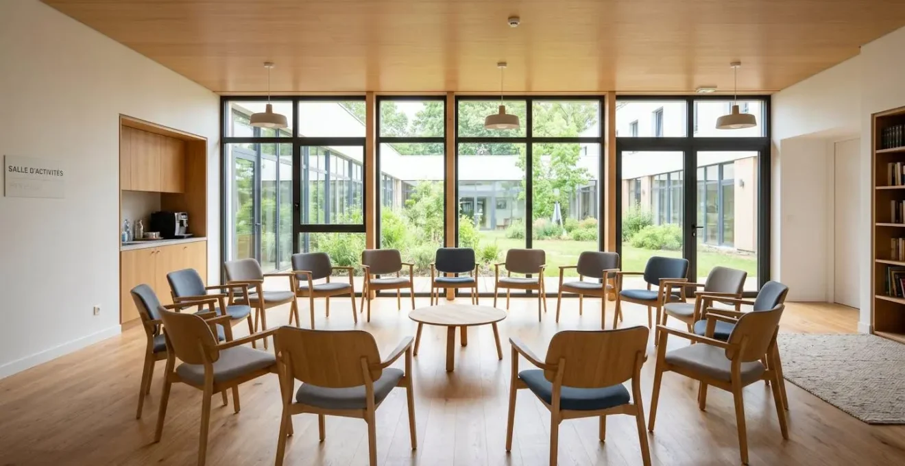 Grande salle d'activités vide dans un EHPAD moderne avec chaises disposées en cercle et larges fenêtres diffusant une lumière naturelle abondante