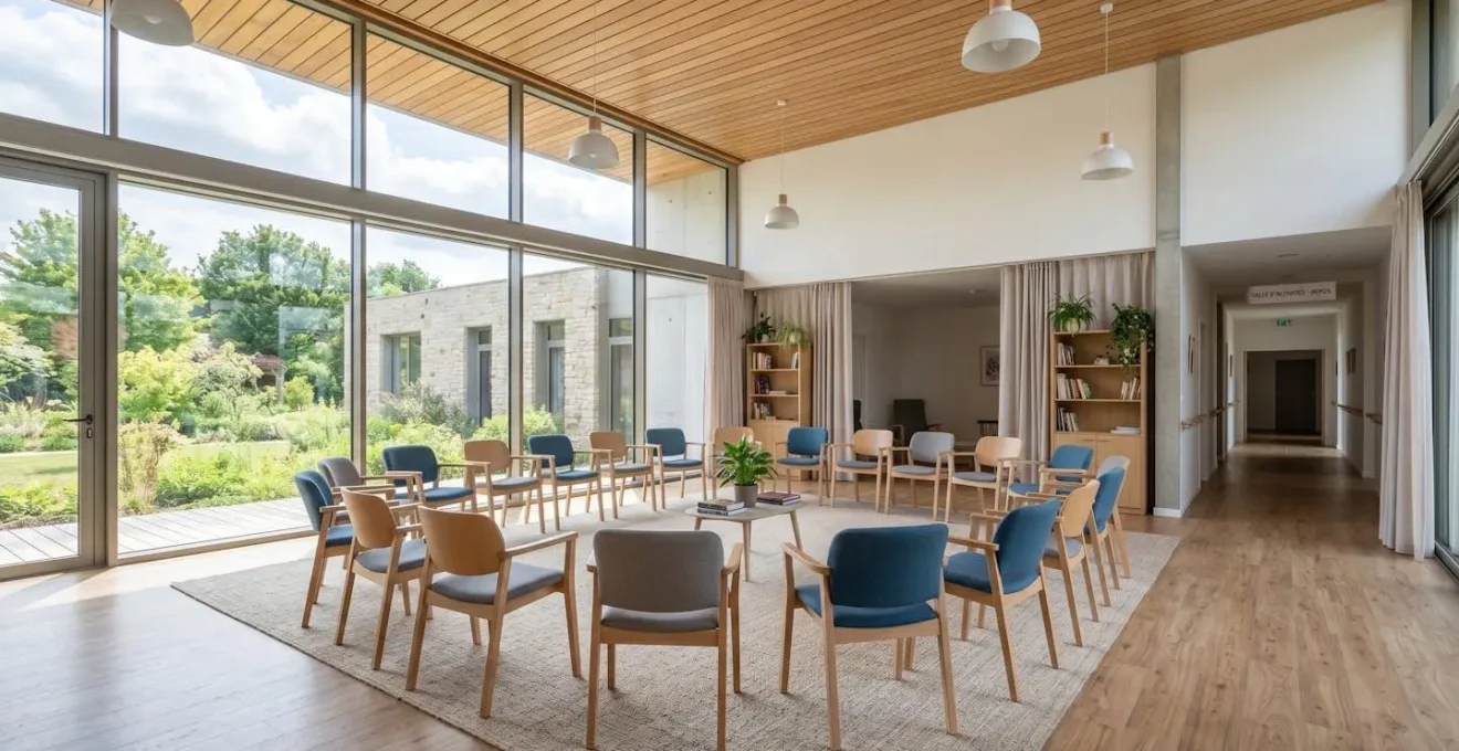 Grande salle d'activités vide dans un EHPAD moderne avec chaises disposées en cercle et larges fenêtres diffusant une lumière naturelle abondante