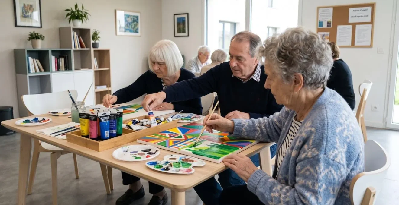 Groupe de personnes âgées vues de dos participant à un atelier créatif, mains visibles travaillant sur des puzzles et matériel de peinture dans une salle lumineuse