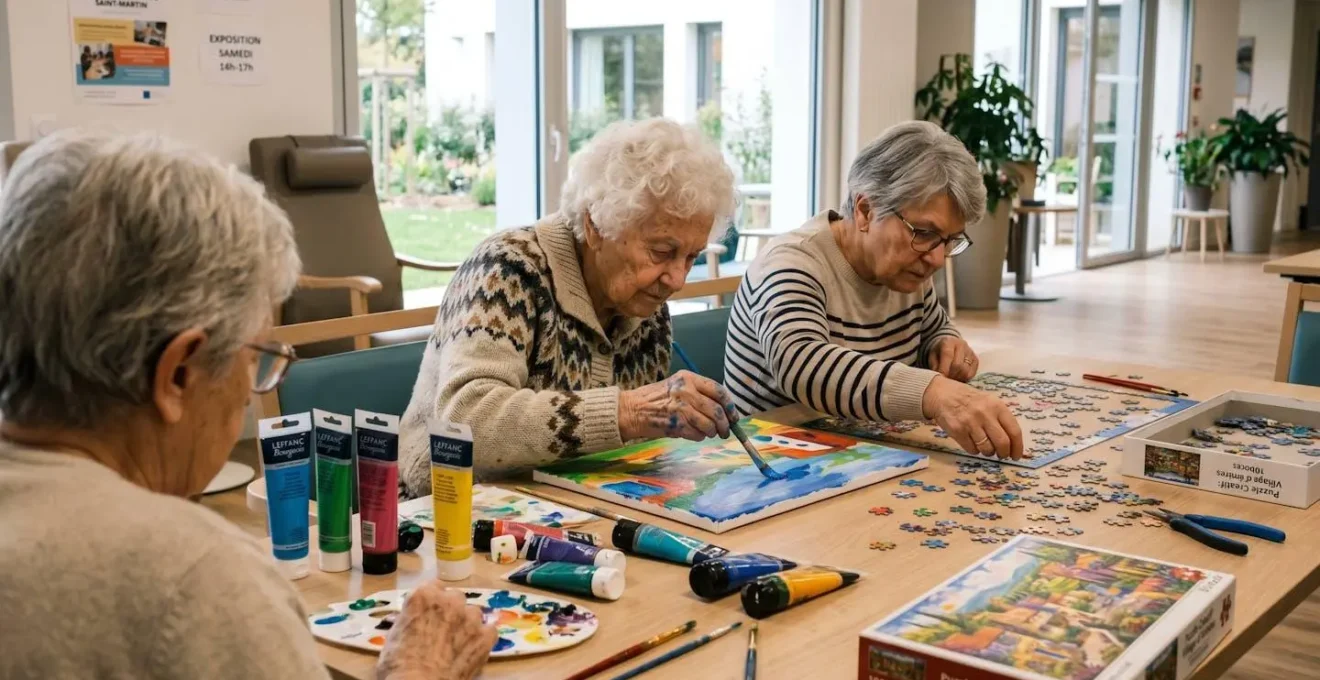 Groupe de personnes âgées vues de dos participant à un atelier créatif, mains visibles travaillant sur des puzzles et matériel de peinture dans une salle lumineuse