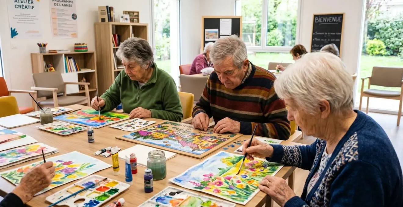Groupe de personnes âgées vues de dos participant à un atelier créatif, mains visibles travaillant sur des puzzles et matériel de peinture dans une salle lumineuse