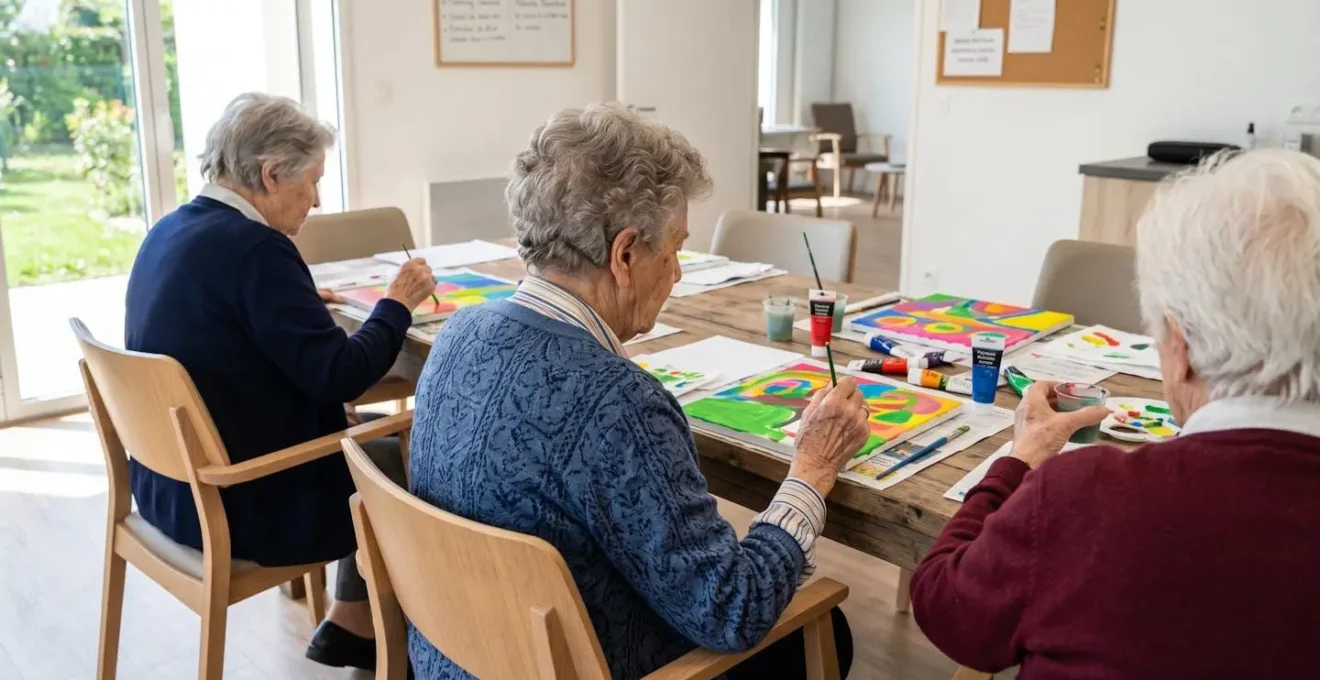 Groupe de personnes âgées vues de dos participant à un atelier créatif, mains visibles travaillant sur des puzzles et matériel de peinture dans une salle lumineuse