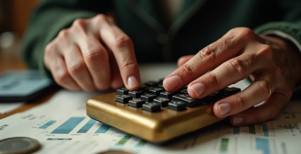 Mains de senior utilisant une calculatrice avec documents financiers Mains de senior utilisant une calculatrice avec documents financiers