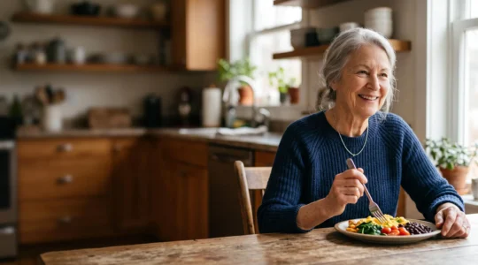 Personne âgée savourant un repas riche en protéines à table, symbole de vitalité et de préservation musculaire après 70 ans
