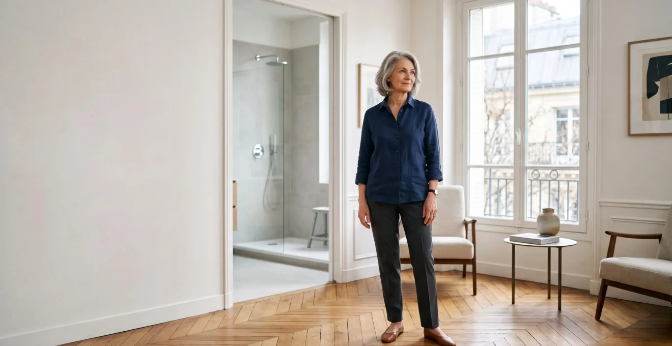 Personne âgée souriante et autonome dans un intérieur lumineux et sécurisé, symbole d'un maintien à domicile réussi