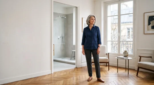 Personne âgée souriante et autonome dans un intérieur lumineux et sécurisé, symbole d'un maintien à domicile réussi