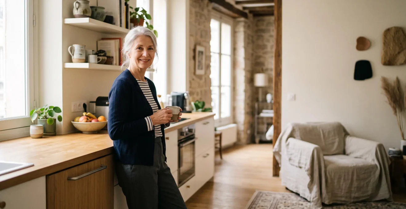 Interieur lumineux et epure d'un logement adapte pour senior, illustrant le confort quotidien accessible avec de petits amenagements