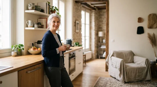 Interieur lumineux et epure d'un logement adapte pour senior, illustrant le confort quotidien accessible avec de petits amenagements