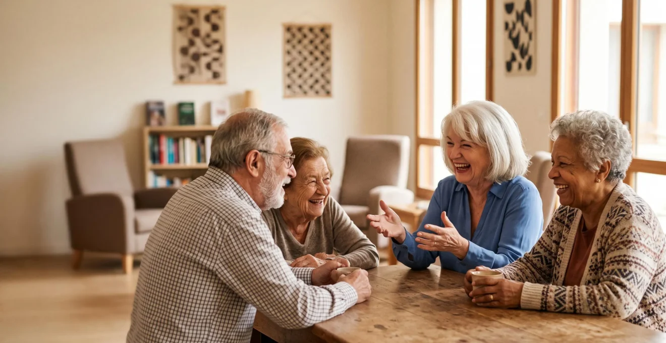 Groupe de seniors souriants partageant un moment convivial autour d'une table lors d'une animation collective en résidence
