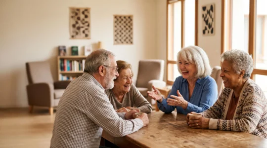 Groupe de seniors souriants partageant un moment convivial autour d'une table lors d'une animation collective en résidence