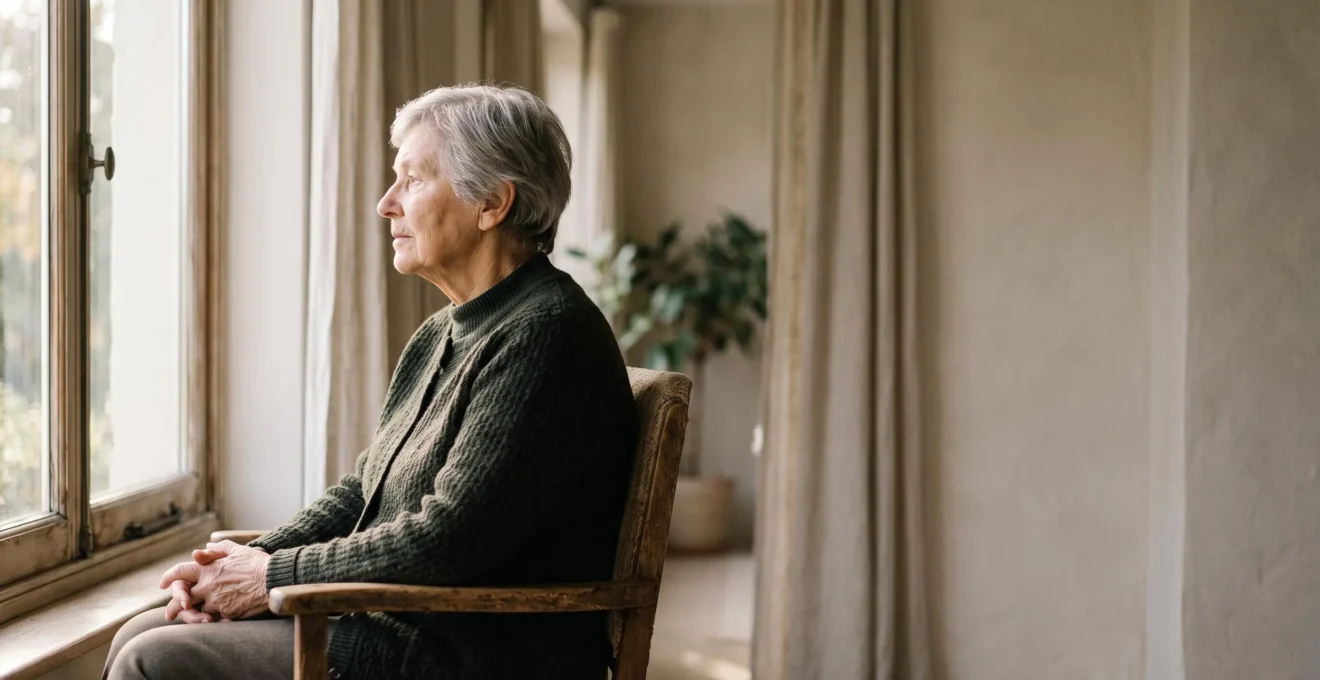 Une personne âgée assise près d'une fenêtre lumineuse, entre ombre et lumière, symbolisant le passage de l'anxiété vers la sérénité intérieure