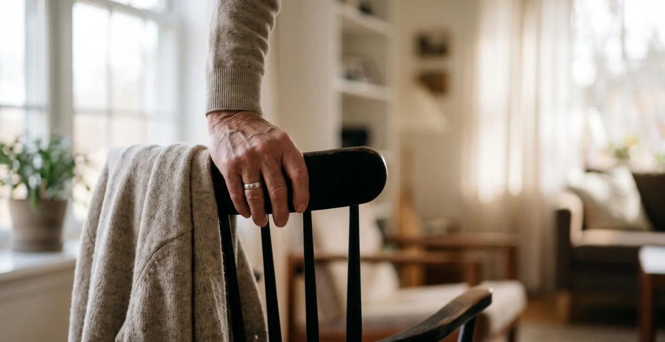 Main âgée posée doucement sur le dossier d'une chaise vide près d'une fenêtre lumineuse, symbolisant le deuil et la reconstruction après la perte du conjoint