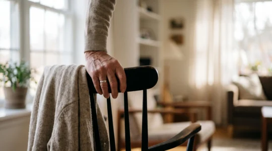 Main âgée posée doucement sur le dossier d'une chaise vide près d'une fenêtre lumineuse, symbolisant le deuil et la reconstruction après la perte du conjoint
