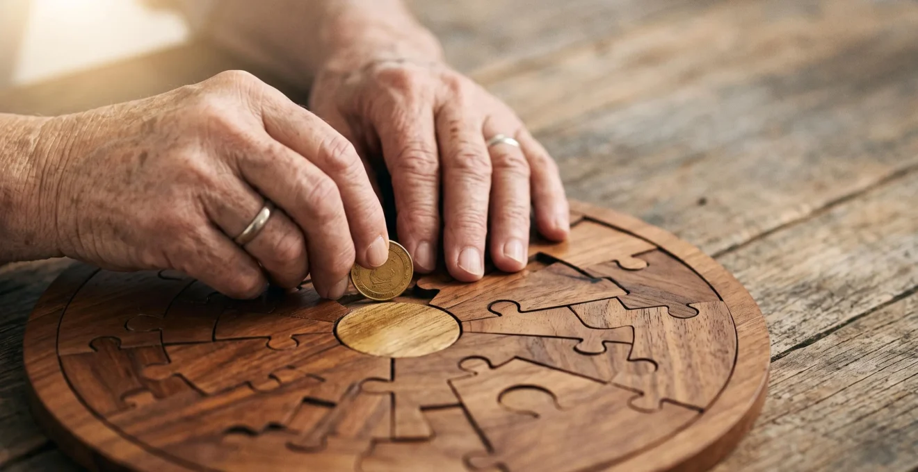 Mains ridées de senior tenant délicatement une pièce de monnaie dorée au-dessus d'un puzzle inachevé, symbolisant les aides financières méconnues de la retraite