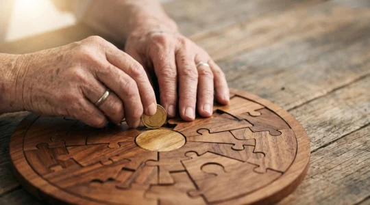 Mains ridées de senior tenant délicatement une pièce de monnaie dorée au-dessus d'un puzzle inachevé, symbolisant les aides financières méconnues de la retraite