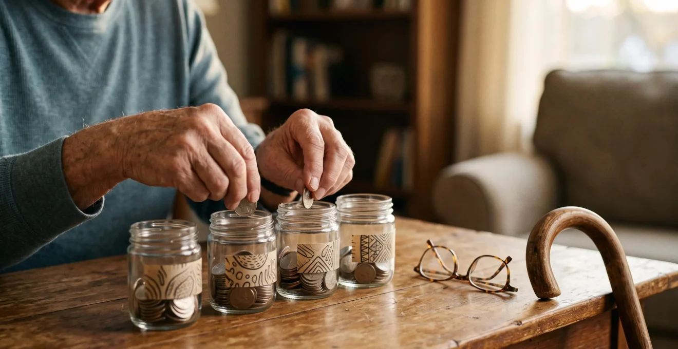 Mains âgées organisant des pièces de monnaie et une épargne santé sur une table en bois, symbole de l'anticipation des frais médicaux à la retraite