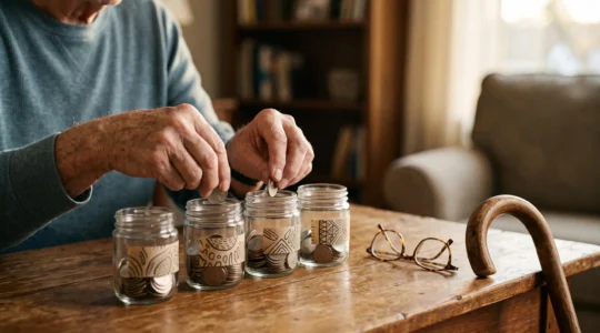 Mains âgées organisant des pièces de monnaie et une épargne santé sur une table en bois, symbole de l'anticipation des frais médicaux à la retraite