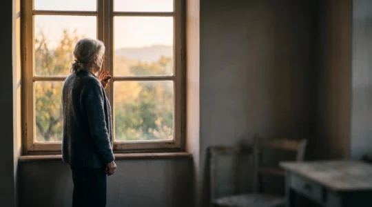 Une personne âgée regardant la lumière du matin à travers une fenêtre, symbole d'espoir après le deuil