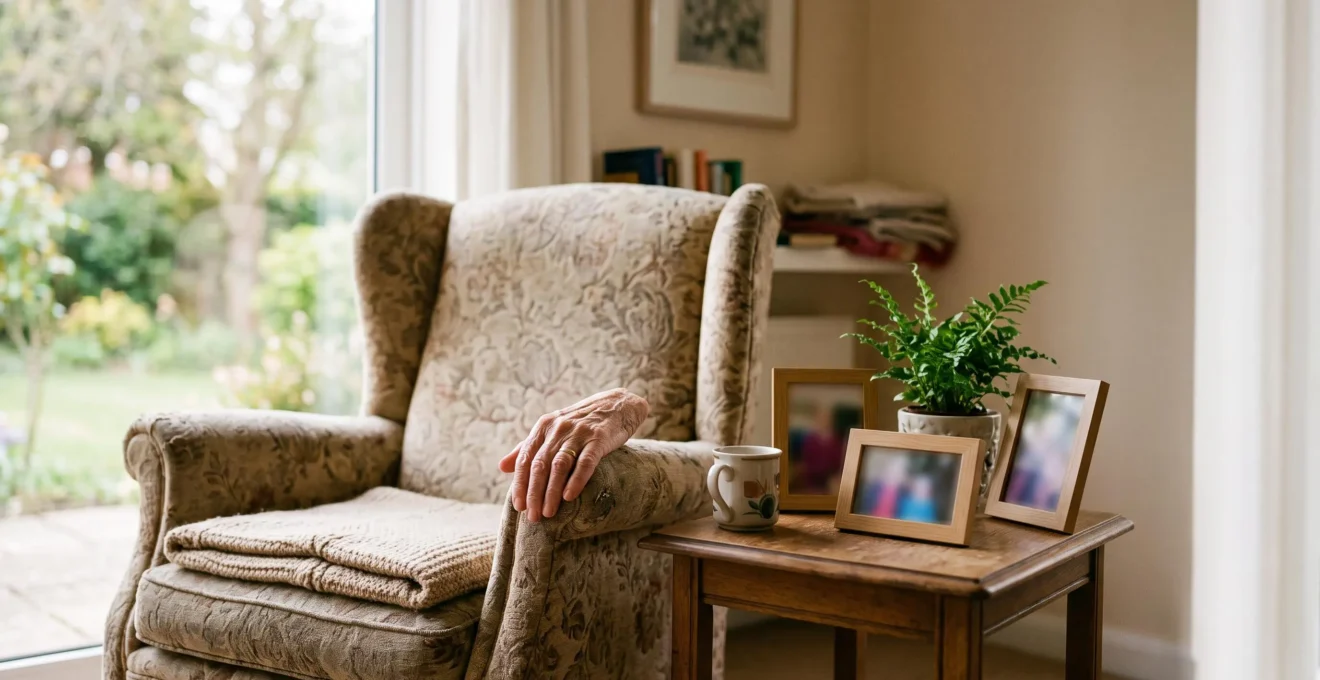 Chambre de maison de retraite chaleureuse et personnalisee avec photos de famille et fauteuil familier, transformee en veritable chez-soi