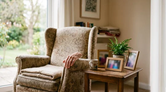 Chambre de maison de retraite chaleureuse et personnalisee avec photos de famille et fauteuil familier, transformee en veritable chez-soi