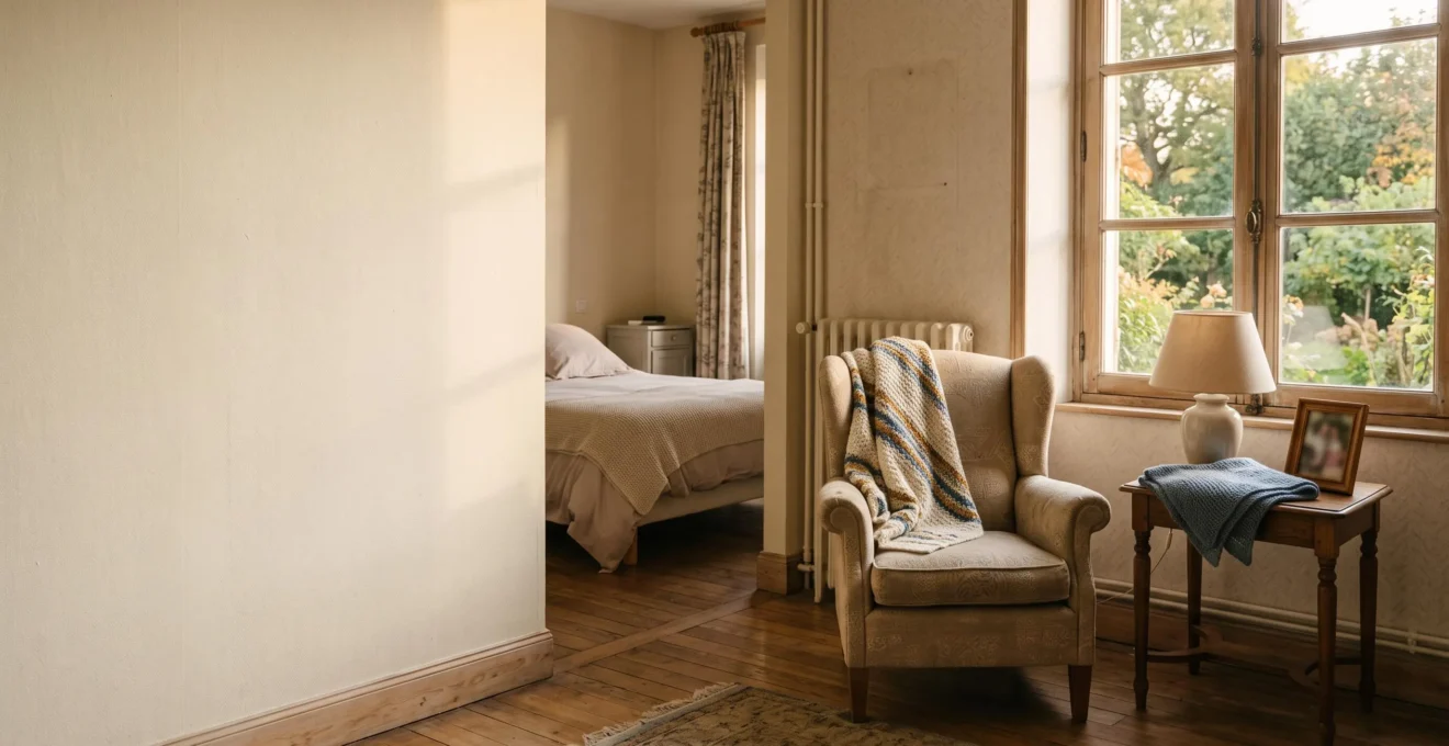 Chambre de maison de retraite lumineuse et personnalisée, transformée en cocon chaleureux évoquant un vrai chez-soi