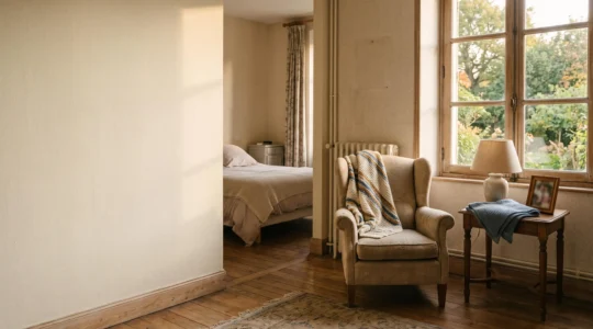 Chambre de maison de retraite lumineuse et personnalisée, transformée en cocon chaleureux évoquant un vrai chez-soi