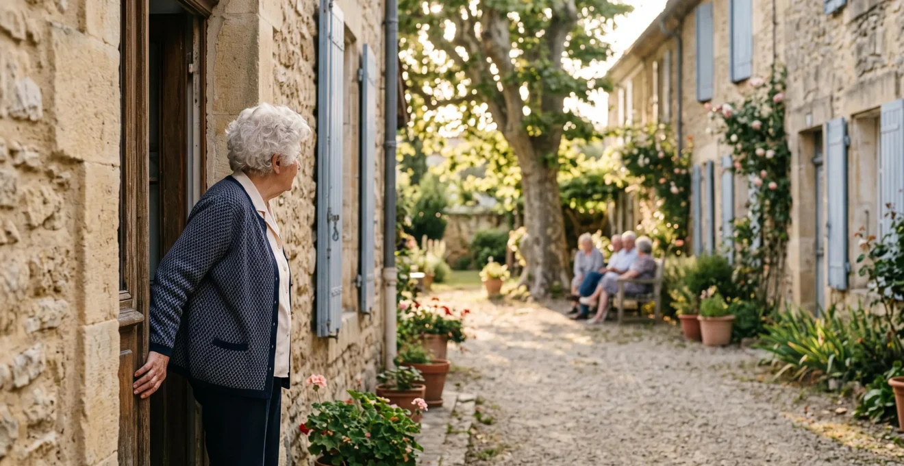 Une personne âgée regarde depuis le seuil de sa porte vers un jardin partagé et lumineux, symbolisant le choix entre l'isolement à domicile et la vie en communauté