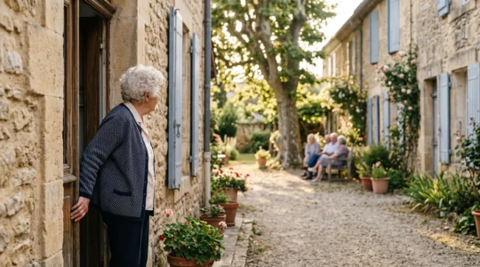 Une personne âgée regarde depuis le seuil de sa porte vers un jardin partagé et lumineux, symbolisant le choix entre l'isolement à domicile et la vie en communauté