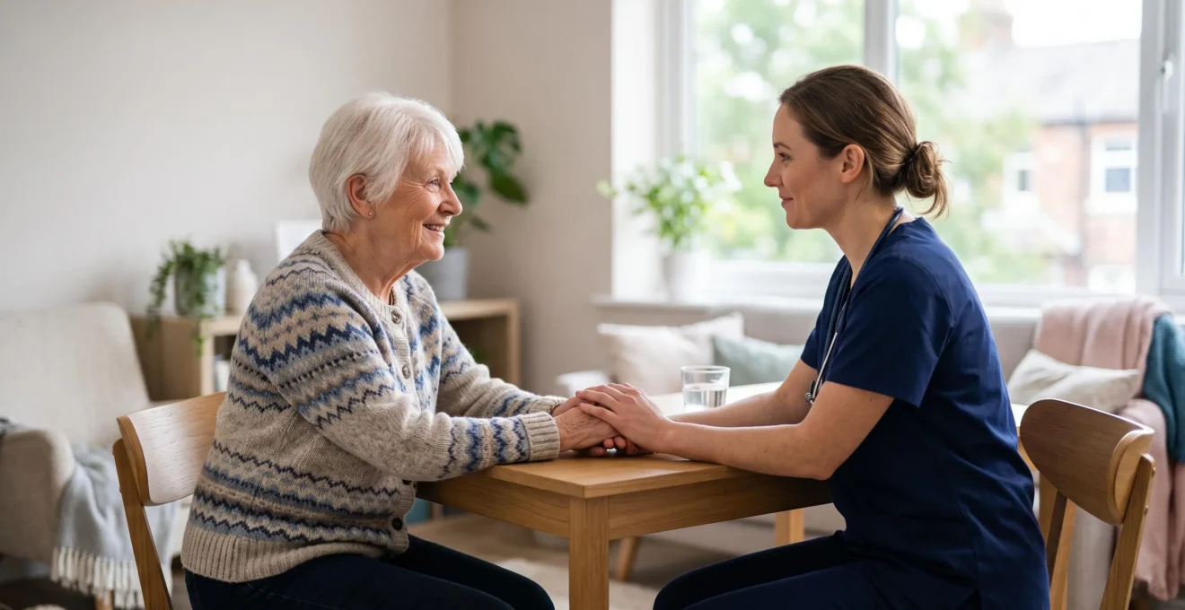 Personne âgée en consultation attentive avec un professionnel de santé, échange bienveillant autour de la mémoire