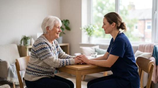 Personne âgée en consultation attentive avec un professionnel de santé, échange bienveillant autour de la mémoire
