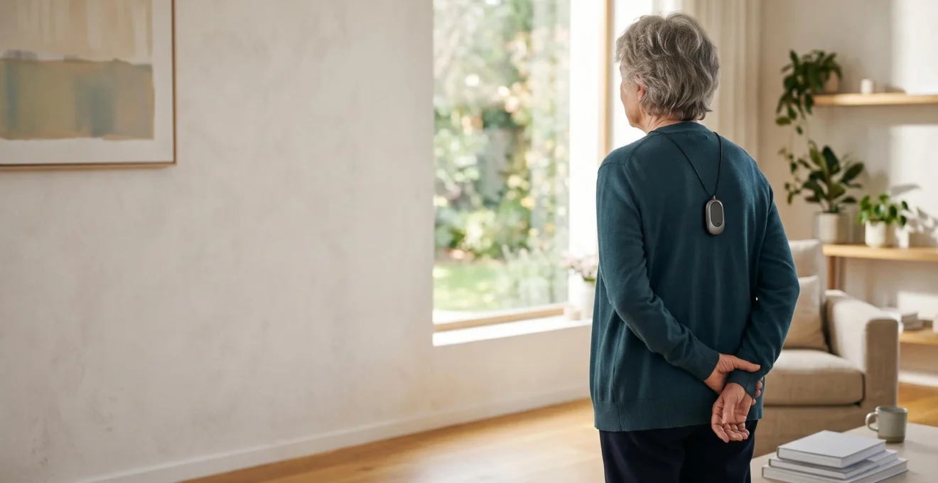 Illustration principale montrant la protection discrète offerte par un détecteur de chute pour senior à domicile