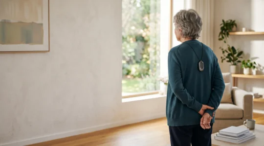 Illustration principale montrant la protection discrète offerte par un détecteur de chute pour senior à domicile