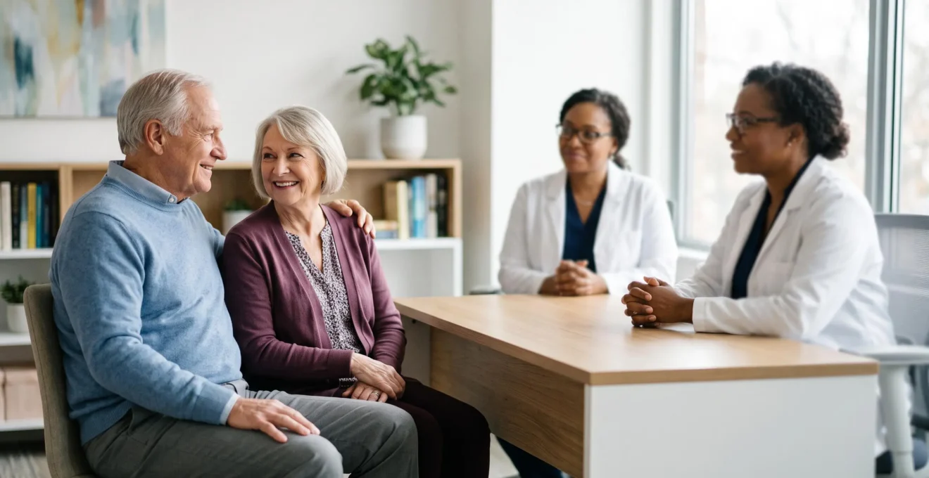 Couple de seniors en consultation sereine avec un chirurgien, symbolisant la maîtrise des coûts d'une opération