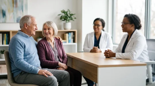 Couple de seniors en consultation sereine avec un chirurgien, symbolisant la maîtrise des coûts d'une opération