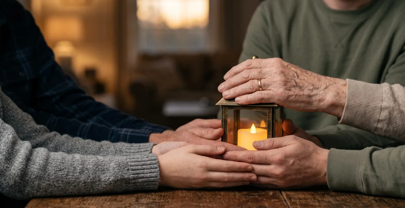 Plusieurs générations d'une même famille unissent leurs mains autour d'une lanterne allumée, symbole d'un soutien partagé et durable envers un parent âgé