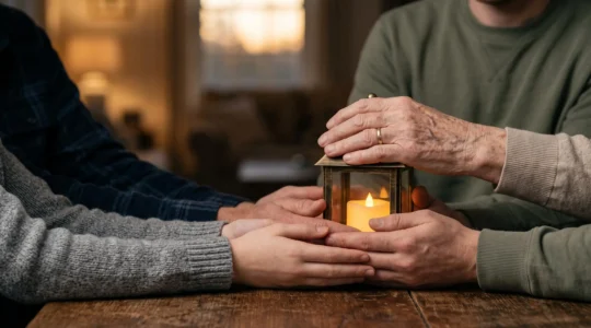 Plusieurs générations d'une même famille unissent leurs mains autour d'une lanterne allumée, symbole d'un soutien partagé et durable envers un parent âgé