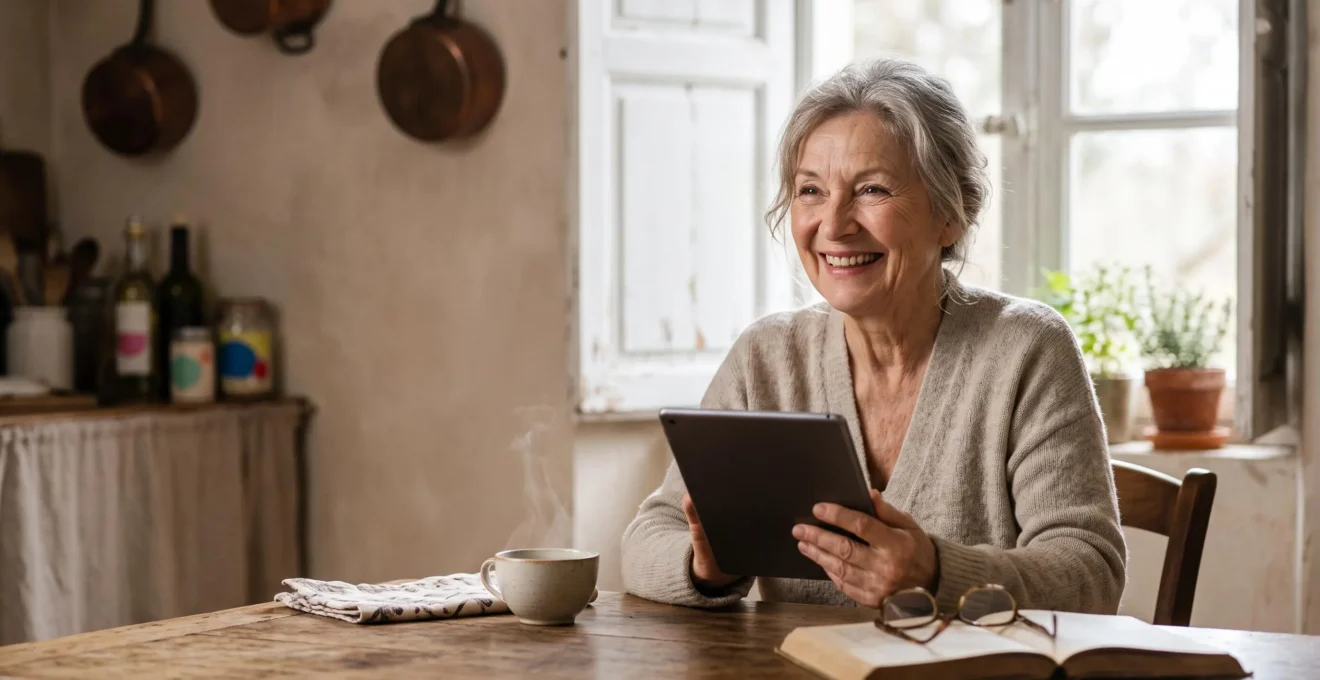 Une grand-mère souriante tient une tablette pour un appel vidéo avec ses petits-enfants installés à 500 km