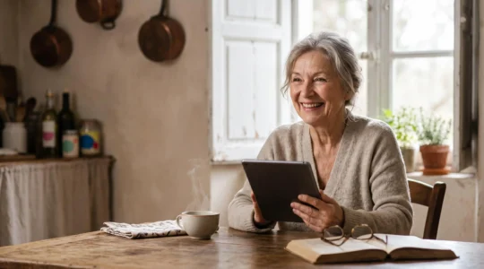 Une grand-mère souriante tient une tablette pour un appel vidéo avec ses petits-enfants installés à 500 km