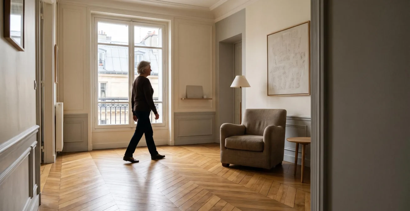 Intérieur chaleureux et épuré d'un salon adapté à une personne âgée, sans obstacles au sol, illustrant un logement sécurisé contre les chutes