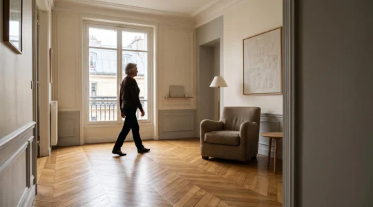 Intérieur chaleureux et épuré d'un salon adapté à une personne âgée, sans obstacles au sol, illustrant un logement sécurisé contre les chutes