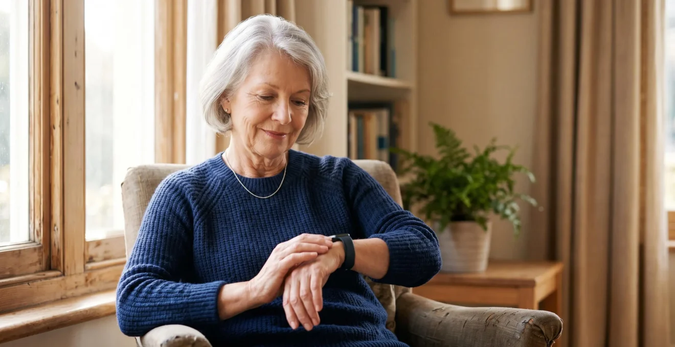 Photographie éditoriale d'une personne âgée consultant sereinement les données de sa montre connectée au poignet, symbole de détection cardiaque précoce