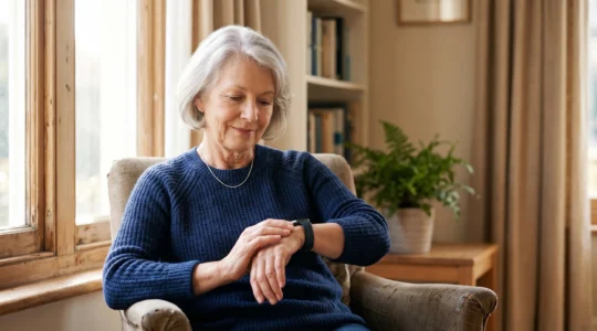 Photographie éditoriale d'une personne âgée consultant sereinement les données de sa montre connectée au poignet, symbole de détection cardiaque précoce