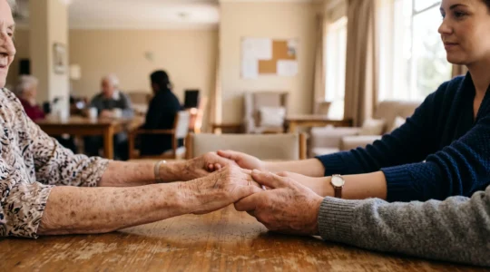 Un résident senior souriant tend la main vers un groupe lors d'une animation collective en EHPAD, symbolisant le lien social retrouvé
